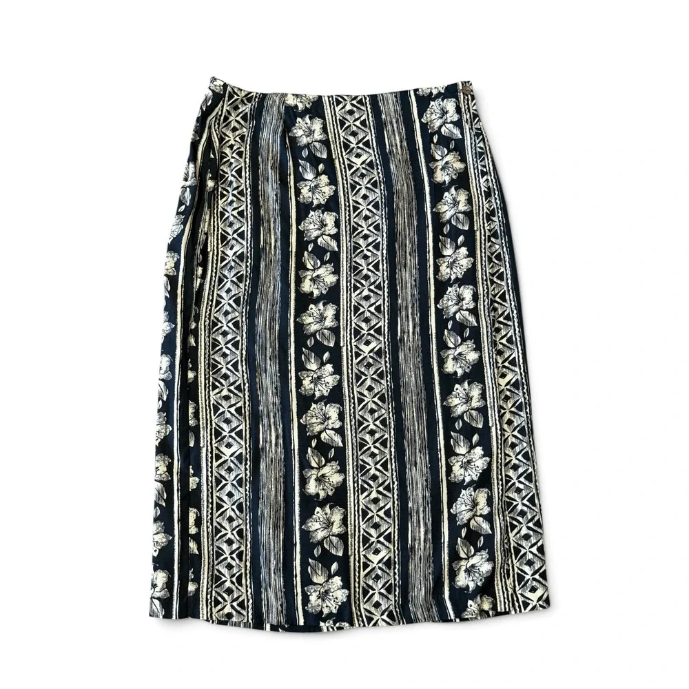 Abria Vintage Floral Geometric Striped Midi Skirt Black Cream Made in Canada 16